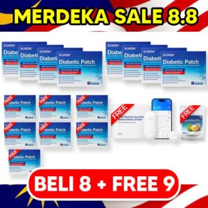 MERDEKA SALES PAKEJ REPEAT JIMAT (8 KOTAK GLUVERA DIABETIC PATCH + FREE 7 KOTAK GLUVERA DIABETIC PATCH + FREE 1 TEA GLUVERA + FREE 1 GLUCOMETER)