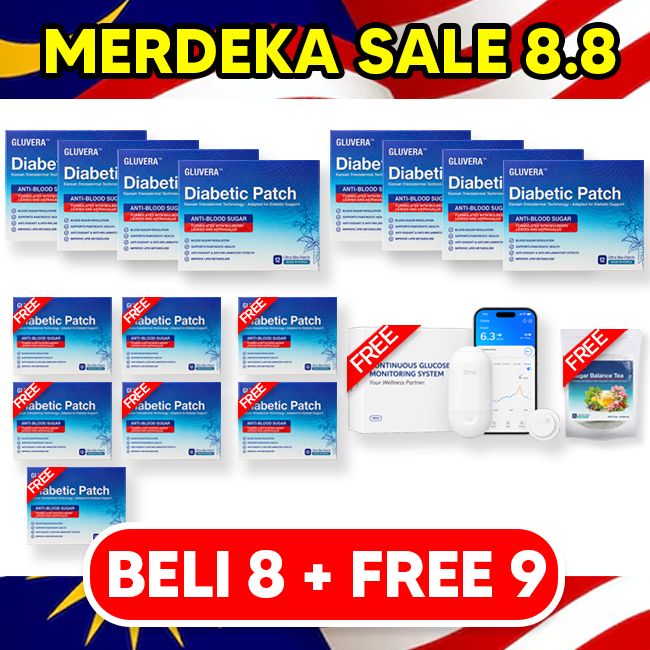 MERDEKA SALES PAKEJ REPEAT JIMAT (8 KOTAK GLUVERA DIABETIC PATCH + FREE 7 KOTAK GLUVERA DIABETIC PATCH + FREE 1 TEA GLUVERA + FREE 1 GLUCOMETER)