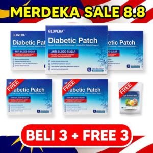 MERDEKA SALES PAKEJ SEMBUH ( 3 KOTAK GLUVERA DIABETIC PATCH + FREE 2 KOTAK GLUVERA DIABETIC PATCH + FREE 1 TEA GLUVERA)