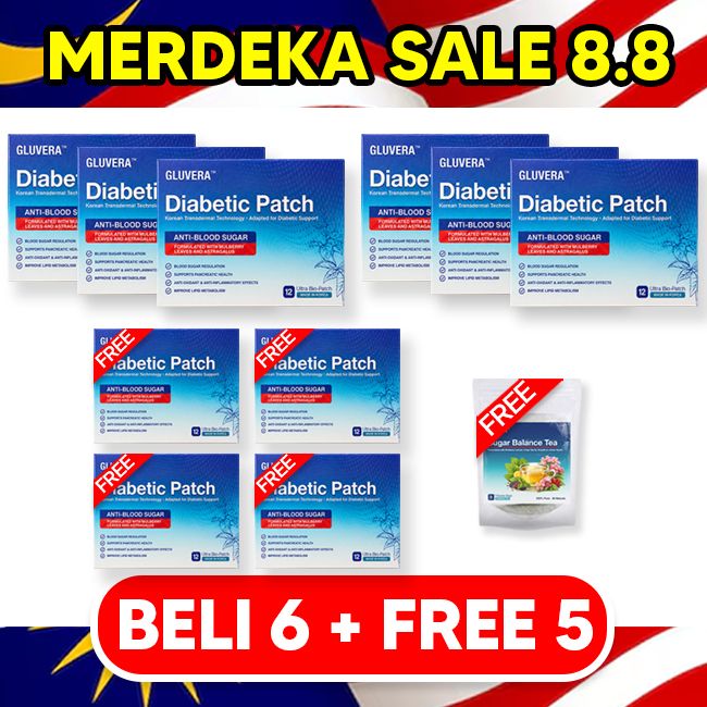 MERDEKA SALES PAKEJ KONSISTEN ( 6 KOTAK GLUVERA DIABETIC PATCH + FREE 4 KOTAK GLUVERA DIABETIC PATCH + 1 KOTAK GLUVERA DIABETIC PATCH + FREE 1 TEA GLUVERA)
